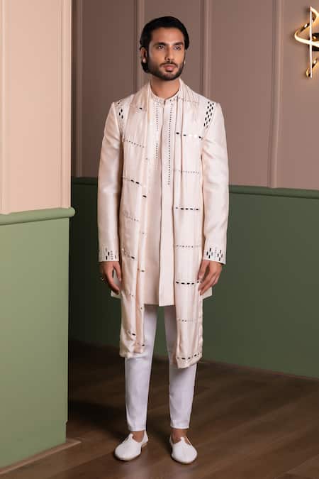 Buy_Kaaj Button_Beige Silk, Cotton Satin Mirrors Work Sherwani Set _Online_at_Aza_Fashions