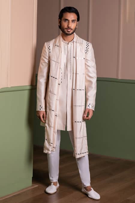 Kaaj Button Mirror Work Sherwani Set 