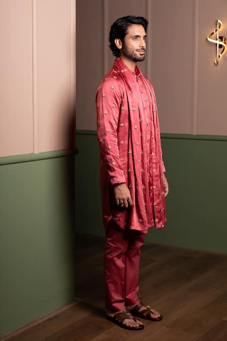 Buy_Kaaj Button_Triangle Buti Kurta Stole Set _Online_at_Aza_Fashions