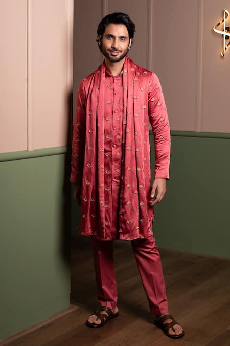 Shop_Kaaj Button_Triangle Buti Kurta Stole Set _Online_at_Aza_Fashions