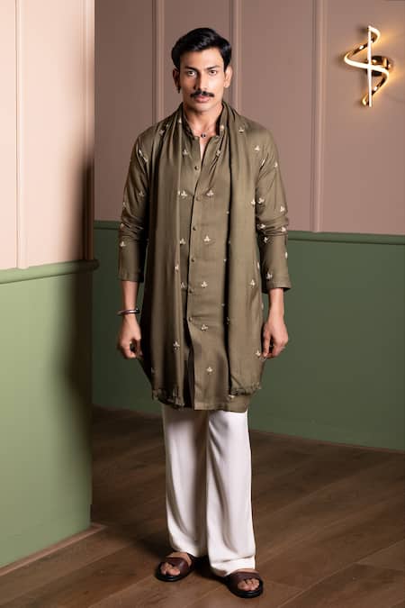 Buy_Kaaj Button_Gray Twill, Cotton Embroidery Lotus Kurta Pant Set _Online_at_Aza_Fashions