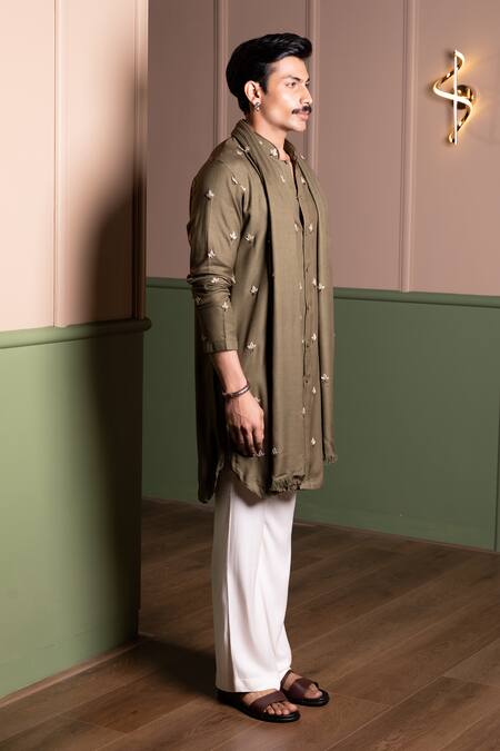 Shop_Kaaj Button_Gray Twill, Cotton Embroidery Lotus Kurta Pant Set _Online_at_Aza_Fashions