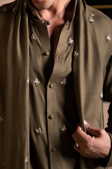 Kaaj Button_Gray Twill, Cotton Embroidery Lotus Kurta Pant Set _at_Aza_Fashions