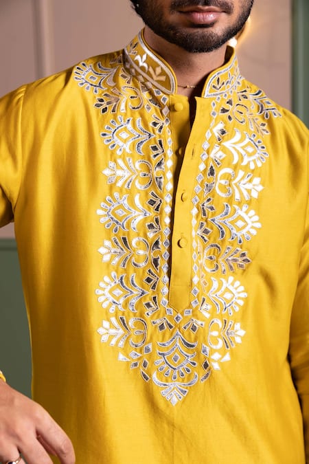 Kaaj Button_Old Leather Applique Kurta Set _Online_at_Aza_Fashions