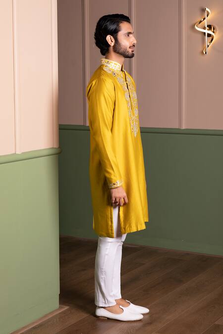 Shop_Kaaj Button_Old Leather Applique Kurta Set _Online_at_Aza_Fashions