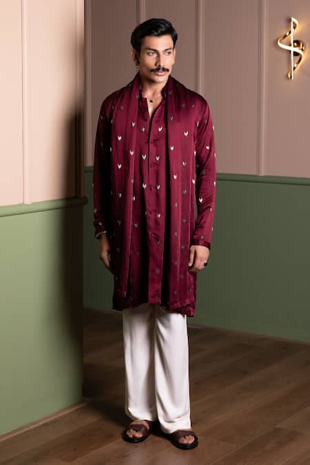 Buy_Kaaj Button_Fly Kurta Set With Stole _Online_at_Aza_Fashions
