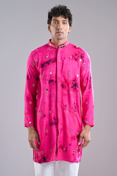 Arihant Rai Sinha_Pink Rayon, Silk Mirrors Work Kurta _at_Aza_Fashions