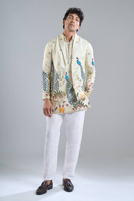 Arihant Rai Sinha_Cream Tissue Embroidery Peacock Kurta With Koti Jacket _Online_at_Aza_Fashions