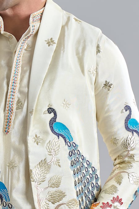 Buy_Arihant Rai Sinha_Cream Tissue Embroidery Peacock Kurta With Koti Jacket _Online_at_Aza_Fashions