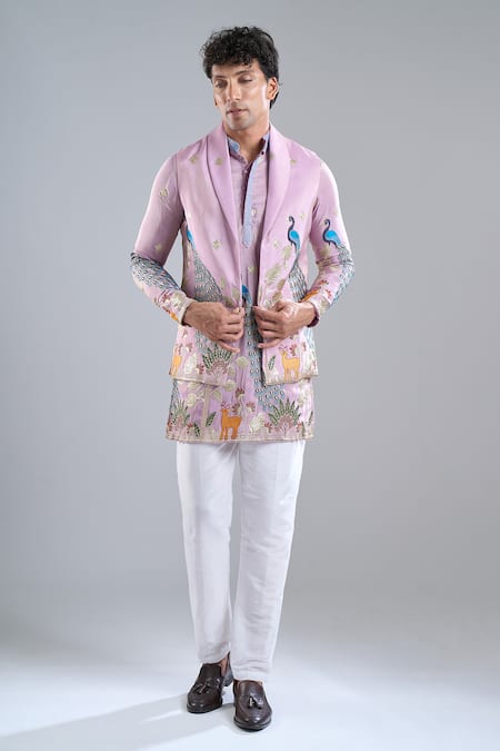 Arihant Rai Sinha_Purple Shantoon, Tissue Embroidery Rangeela Mor Kurta With Koti Jacket _Online_at_Aza_Fashions