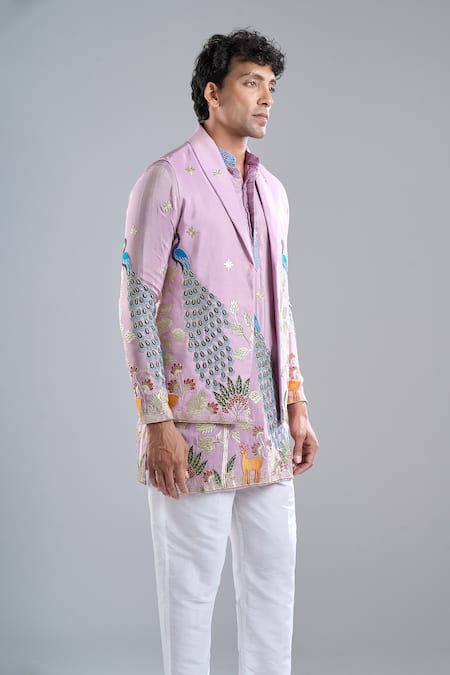 Buy_Arihant Rai Sinha_Purple Shantoon, Tissue Embroidery Rangeela Mor Kurta With Koti Jacket _Online_at_Aza_Fashions