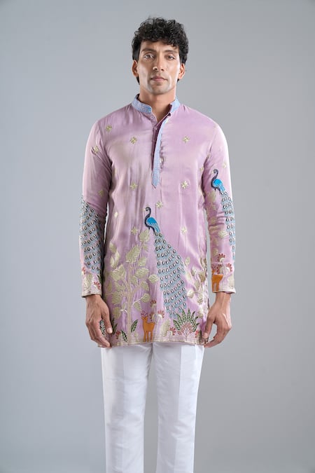 Shop_Arihant Rai Sinha_Purple Shantoon, Tissue Embroidery Rangeela Mor Kurta With Koti Jacket _Online_at_Aza_Fashions