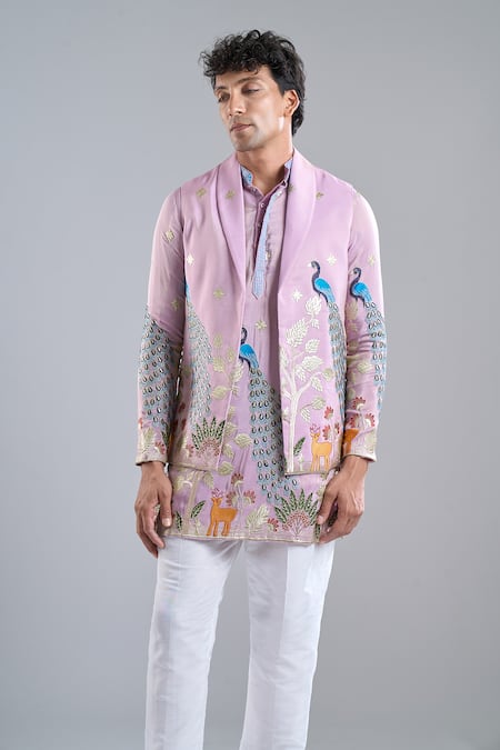 Arihant Rai Sinha_Purple Shantoon, Tissue Embroidery Rangeela Mor Kurta With Koti Jacket _at_Aza_Fashions