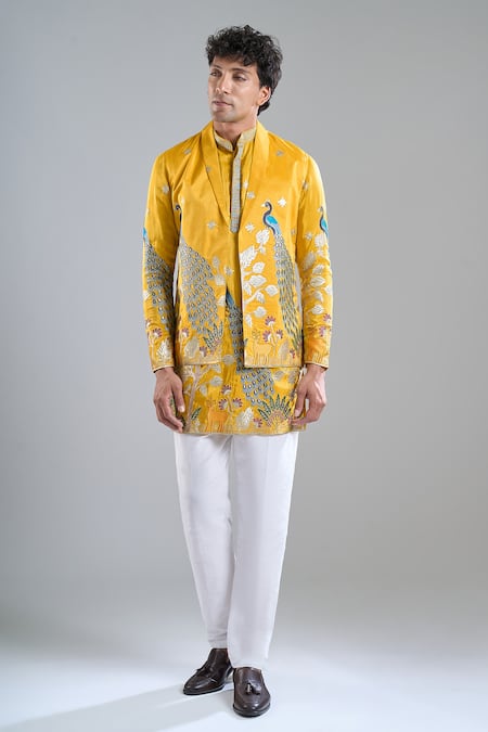 Arihant Rai Sinha_Yellow Tissue Embroidery Rangeela Mor Kurta With Koti Jacket _Online_at_Aza_Fashions