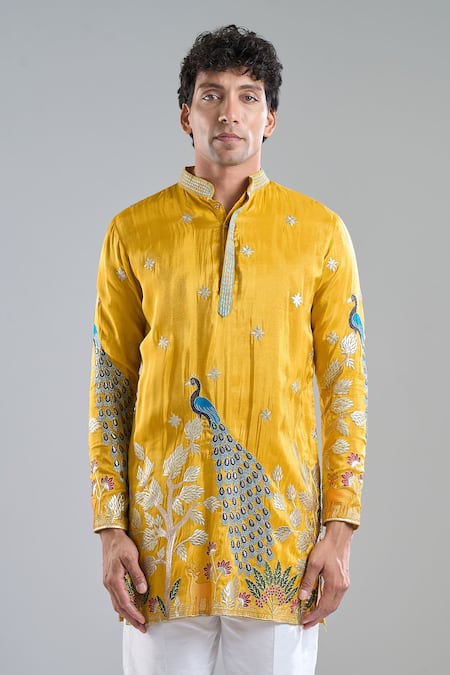 Buy_Arihant Rai Sinha_Yellow Tissue Embroidery Rangeela Mor Kurta With Koti Jacket _Online_at_Aza_Fashions