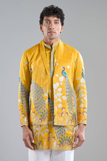 Shop_Arihant Rai Sinha_Yellow Tissue Embroidery Rangeela Mor Kurta With Koti Jacket _Online_at_Aza_Fashions