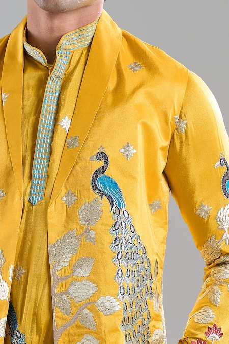 Arihant Rai Sinha_Yellow Tissue Embroidery Rangeela Mor Kurta With Koti Jacket _at_Aza_Fashions