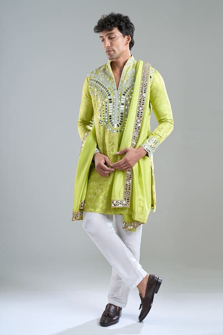 Buy_Arihant Rai Sinha_Lime Brocade, Silk Mirrors Work Kurta With Dupatta _Online_at_Aza_Fashions
