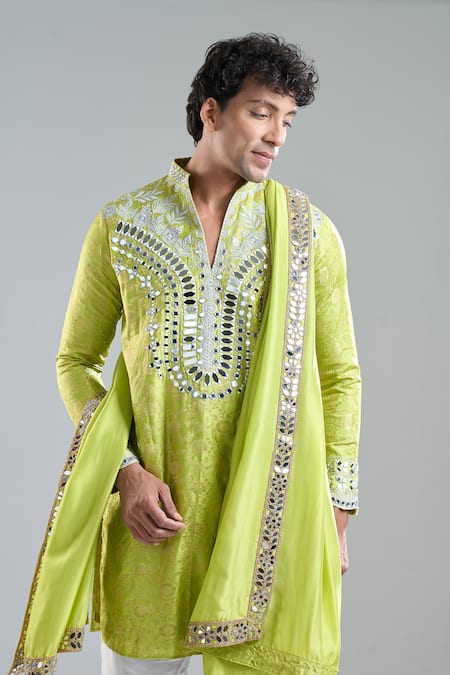 Shop_Arihant Rai Sinha_Lime Brocade, Silk Mirrors Work Kurta With Dupatta _Online_at_Aza_Fashions