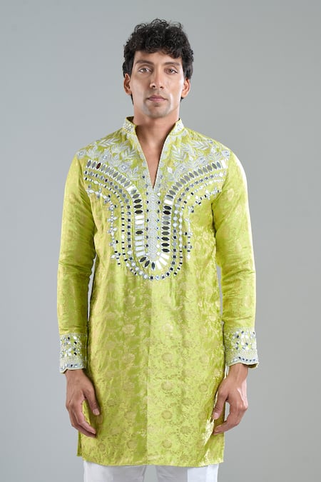 Arihant Rai Sinha_Lime Brocade, Silk Mirrors Work Kurta With Dupatta _at_Aza_Fashions