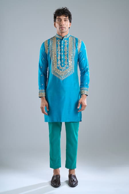 Arihant Rai Sinha_Blue Silk Zari Zardozi Work Kurta With Dupatta _Online_at_Aza_Fashions