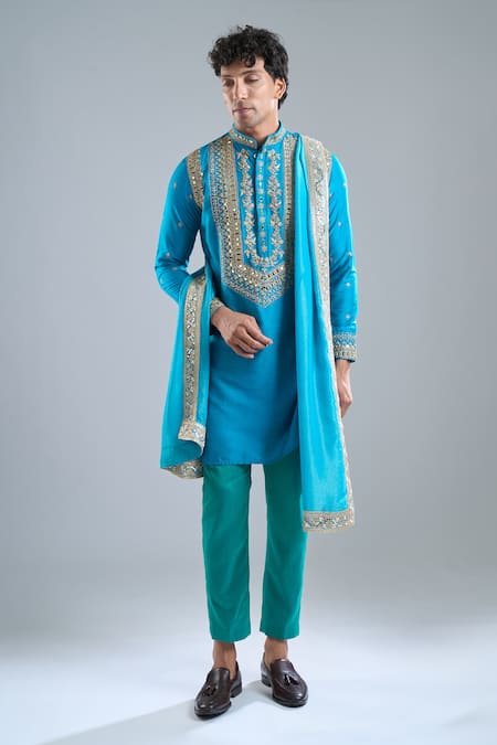 Buy_Arihant Rai Sinha_Blue Silk Zari Zardozi Work Kurta With Dupatta _Online_at_Aza_Fashions