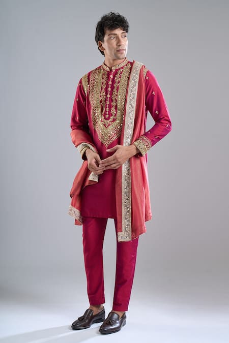 Arihant Rai Sinha_Red Silk Zari Zardozi Work Kurta With Dupatta _Online_at_Aza_Fashions