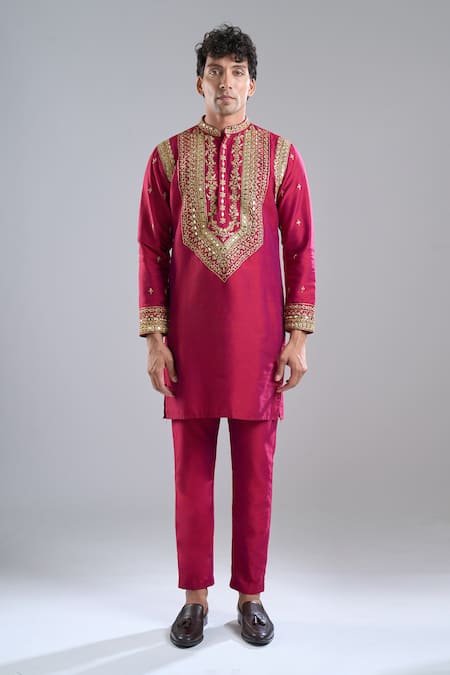 Buy_Arihant Rai Sinha_Red Silk Zari Zardozi Work Kurta With Dupatta _Online_at_Aza_Fashions