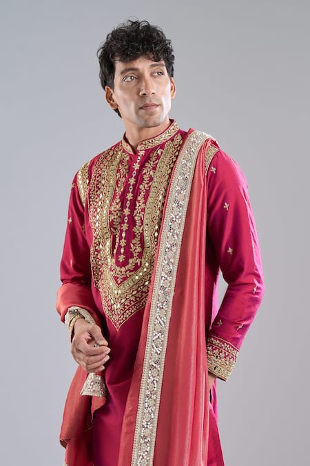 Shop_Arihant Rai Sinha_Red Silk Zari Zardozi Work Kurta With Dupatta _Online_at_Aza_Fashions