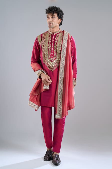 Arihant Rai Sinha_Red Silk Zari Zardozi Work Kurta With Dupatta _at_Aza_Fashions