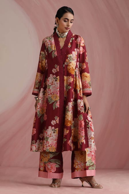 Moh India_Burgundy Chanderi Silk, Organza The Maharani Bagh Side Gathered Kurta Pant Set _Online_at_Aza_Fashions