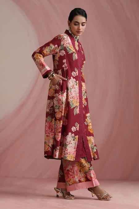 Buy_Moh India_Burgundy Chanderi Silk, Organza The Maharani Bagh Side Gathered Kurta Pant Set _Online_at_Aza_Fashions