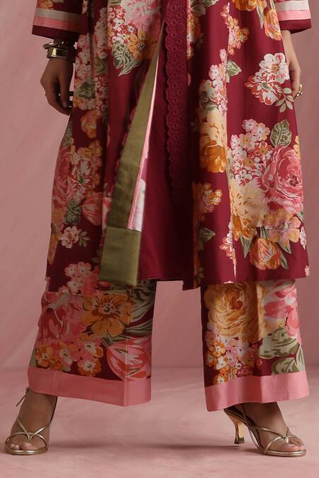 Shop_Moh India_Burgundy Chanderi Silk, Organza The Maharani Bagh Side Gathered Kurta Pant Set _Online_at_Aza_Fashions