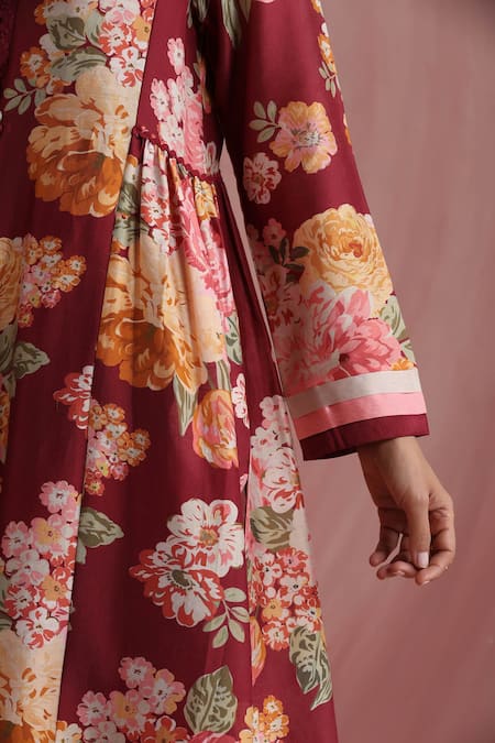 Moh India_Burgundy Chanderi Silk, Organza The Maharani Bagh Side Gathered Kurta Pant Set _at_Aza_Fashions