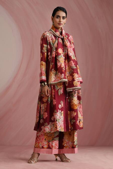 Buy_Moh India_Burgundy Chanderi Silk, Organza The Maharani Bagh Side Gathered Kurta Pant Set 