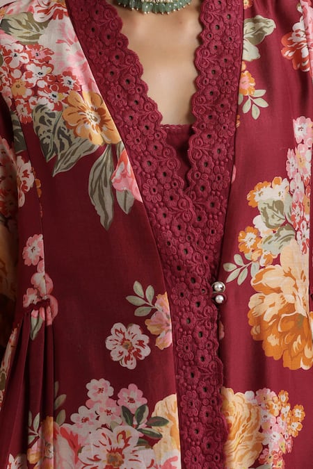 Shop_Moh India_Burgundy Chanderi Silk, Organza The Maharani Bagh Side Gathered Kurta Pant Set 