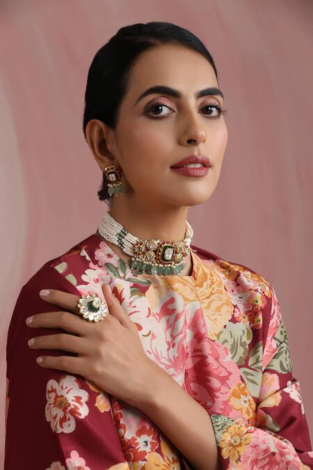 Buy_Moh India_Burgundy Chanderi Silk, Organza Mandarin The Maharani Bagh Kurta Pant Set _Online_at_Aza_Fashions