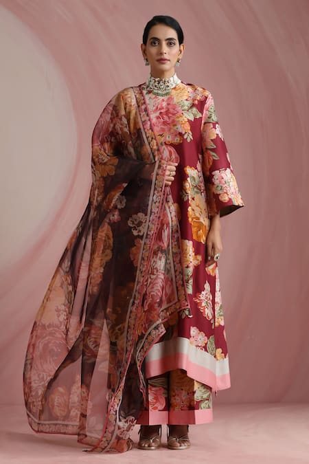 Moh India Burgundy Chanderi Silk, Organza Mandarin The Maharani Bagh Kurta Pant Set 