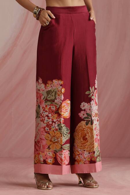 Shop_Moh India_Burgundy Chanderi Silk, Organza Mandarin The Maharani Bagh Kurta Pant Set _Online_at_Aza_Fashions