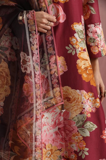 Moh India_Burgundy Chanderi Silk, Organza Mandarin The Maharani Bagh Kurta Pant Set _at_Aza_Fashions