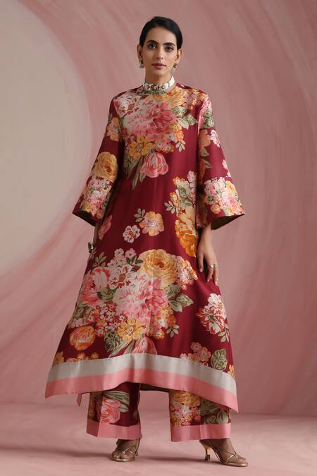 Buy_Moh India_Burgundy Chanderi Silk, Organza Mandarin The Maharani Bagh Kurta Pant Set 