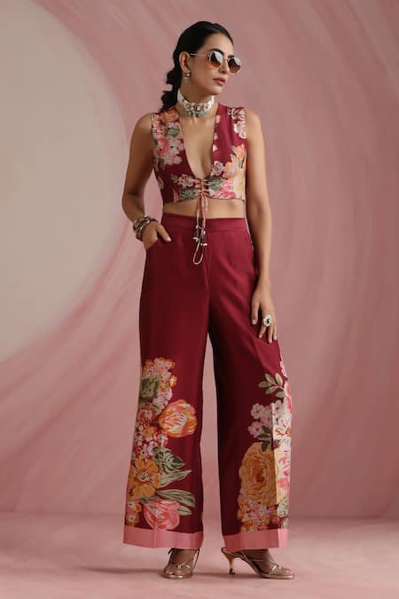 Moh India_Burgundy Chanderi Silk, Cotton, Chanderi, The Maharani Bagh Overlay Trouser Set _Online_at_Aza_Fashions