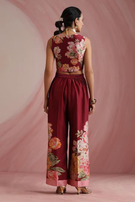 Buy_Moh India_Burgundy Chanderi Silk, Cotton, Chanderi, The Maharani Bagh Overlay Trouser Set _Online_at_Aza_Fashions