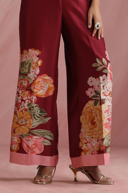 Moh India_Burgundy Chanderi Silk, Cotton, Chanderi, The Maharani Bagh Overlay Trouser Set _at_Aza_Fashions