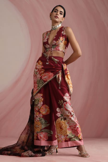 Buy_Moh India_Burgundy Chanderi Silk, Cotton, Chanderi, The Maharani Bagh Overlay Trouser Set 