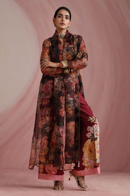 Shop_Moh India_Burgundy Chanderi Silk, Cotton, Chanderi, The Maharani Bagh Overlay Trouser Set 