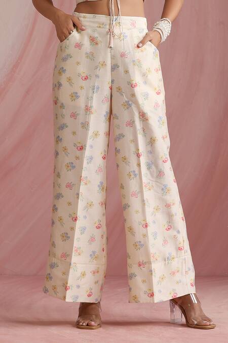 Moh India_Ivory Chanderi Silk, Organza V-, Open Palace Petals Overlay Trouser Set _Online_at_Aza_Fashions