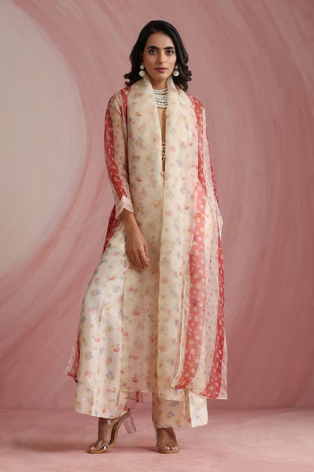 Buy_Moh India_Ivory Chanderi Silk, Organza V-, Open Palace Petals Overlay Trouser Set _Online_at_Aza_Fashions