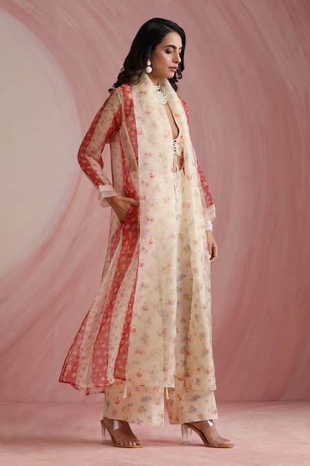 Shop_Moh India_Ivory Chanderi Silk, Organza V-, Open Palace Petals Overlay Trouser Set _Online_at_Aza_Fashions