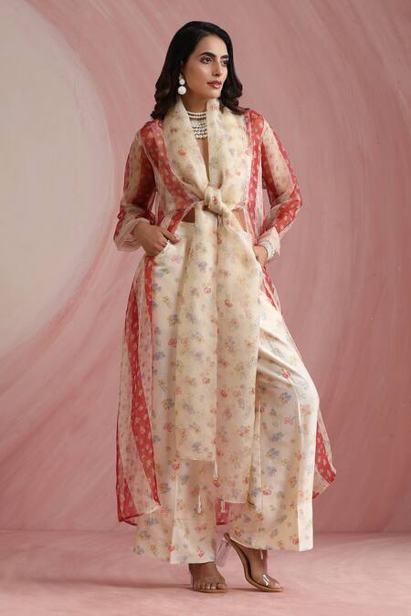 Moh India_Ivory Chanderi Silk, Organza V-, Open Palace Petals Overlay Trouser Set _at_Aza_Fashions